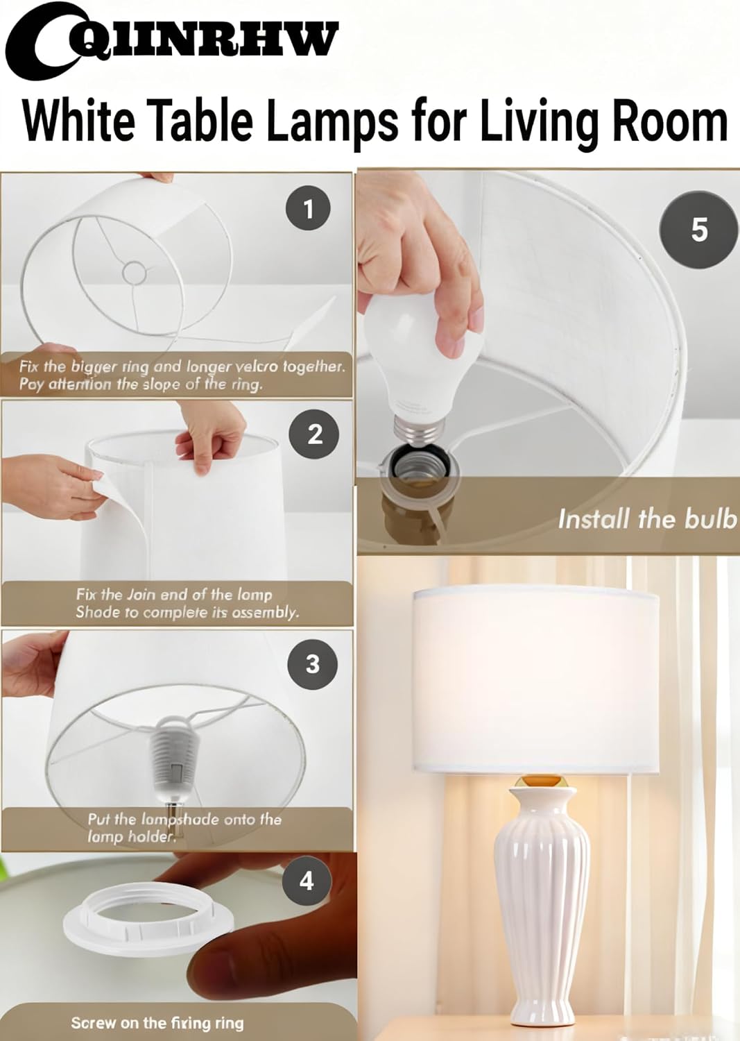 White Table Lamps Set of 2, 18.5" Traditional Table Lamps for Living Room, 3 Color Ceramic Table lamp for Bedroom Decor Farmhouse