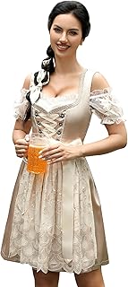 Clearlove Damen Dirndl midi 3tlg.Trachtenkleid für Oktoberfest,Karneval,DREI Teilig: Kleid, Bluse, Schürze
