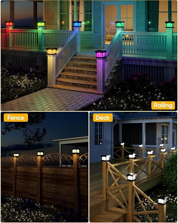 PARTPHONER RGBCW Solar Post Cap Lights 12-Pack, 9 Colors 3 Modes Fence Cap Lights, Bright Solar Outdoor Waterproof LED Deck Lighting for Fence Garden Deck Patio Porch Decor 4x4 Vinyl/Wood, Black by PARTPHONER - Image 8