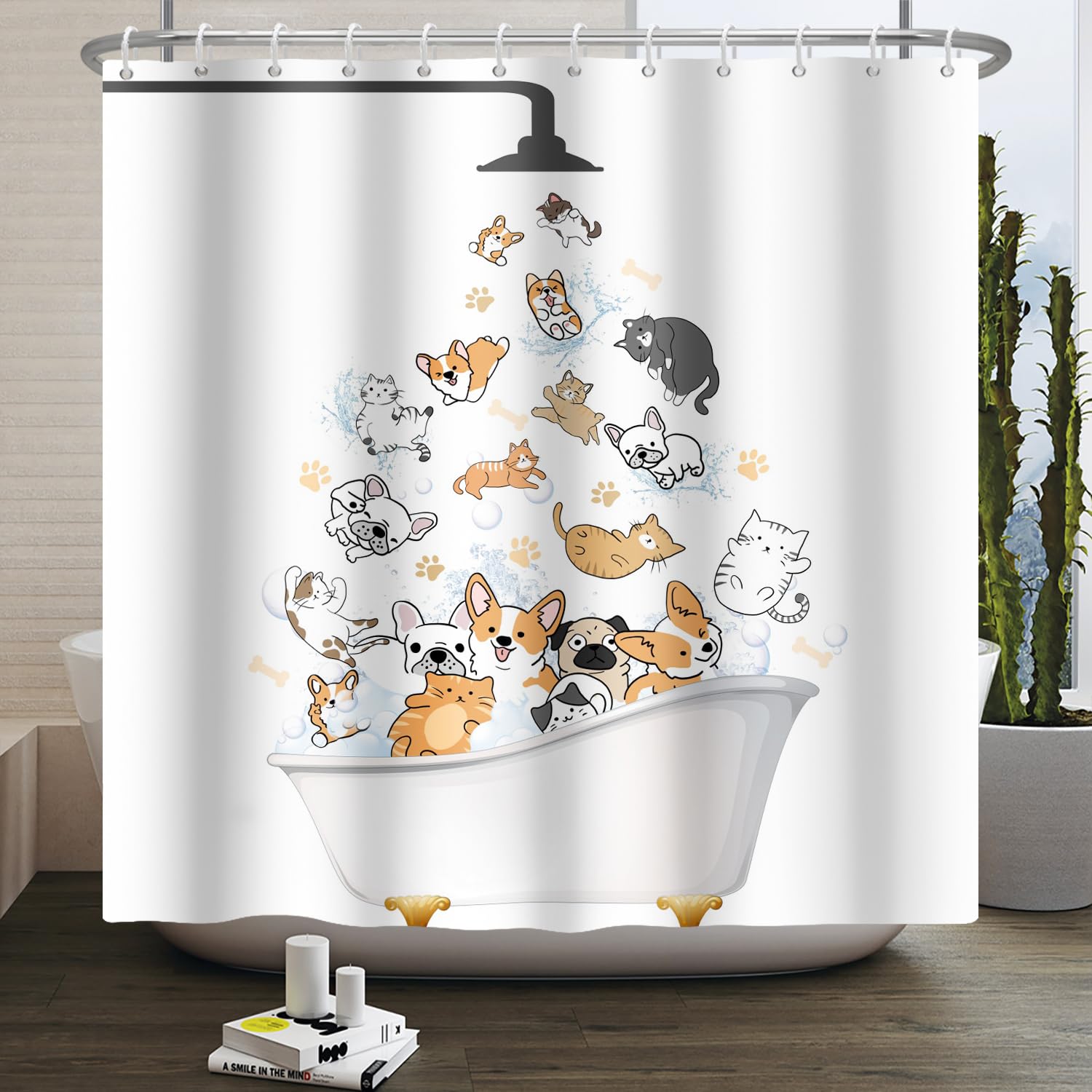 SDOTPMT 180x198cm Funny Animal Showering in Bathtub Shower Curtain Cute Cartoon Cats Dogs White Bath Curtain Countryside Farmhouse Bathtub Curtain for Boys Girls Bathroom Decor with Hooks — image 1
