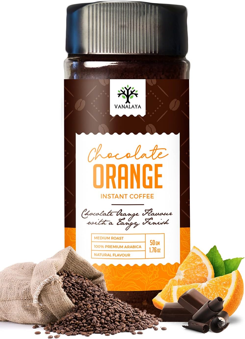 Vanalaya Chocolate Orange Instant Coffee, Black Coffee Powder With Rich Aroma & Taste For Weight Loss, Stress Relief 50gm