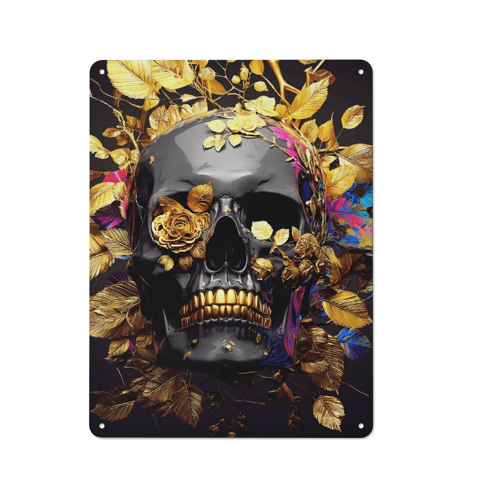 Junmoney Golden Skull With Flowers-5 Classic Metal Plaque 40X30cm Featuring Bistro Wall Plaque For Kitchen, Cafe, Pantry Or Dining Room