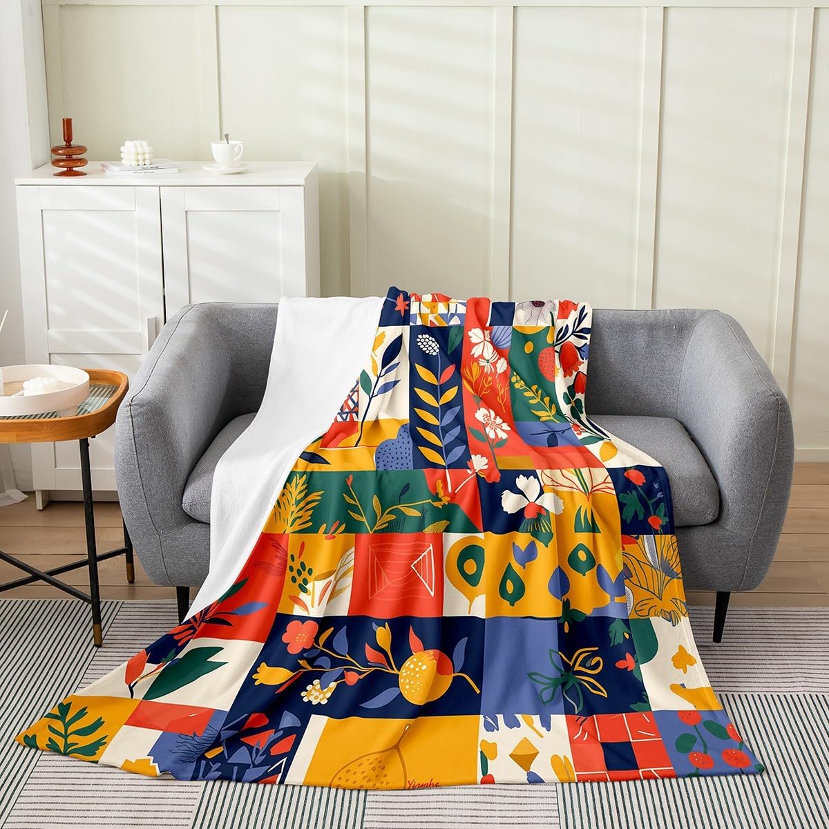 Erosebridal Colorful Floral Blanket for Teen Adult,Exotic Geometric Throw Blanket Queen 90x90 Inch,Rustic Plant Fleece Blanket,Patchwork Botanical Plants Flannel Blanket for Home Room Decor