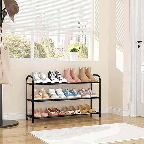 Miniatura 7 de Zapatero expandible de 3 niveles de 18 a 32 pulgadas de ancho ajustable para 12 a 16 pares con marco de metal, organizador de zapatos para entrada,