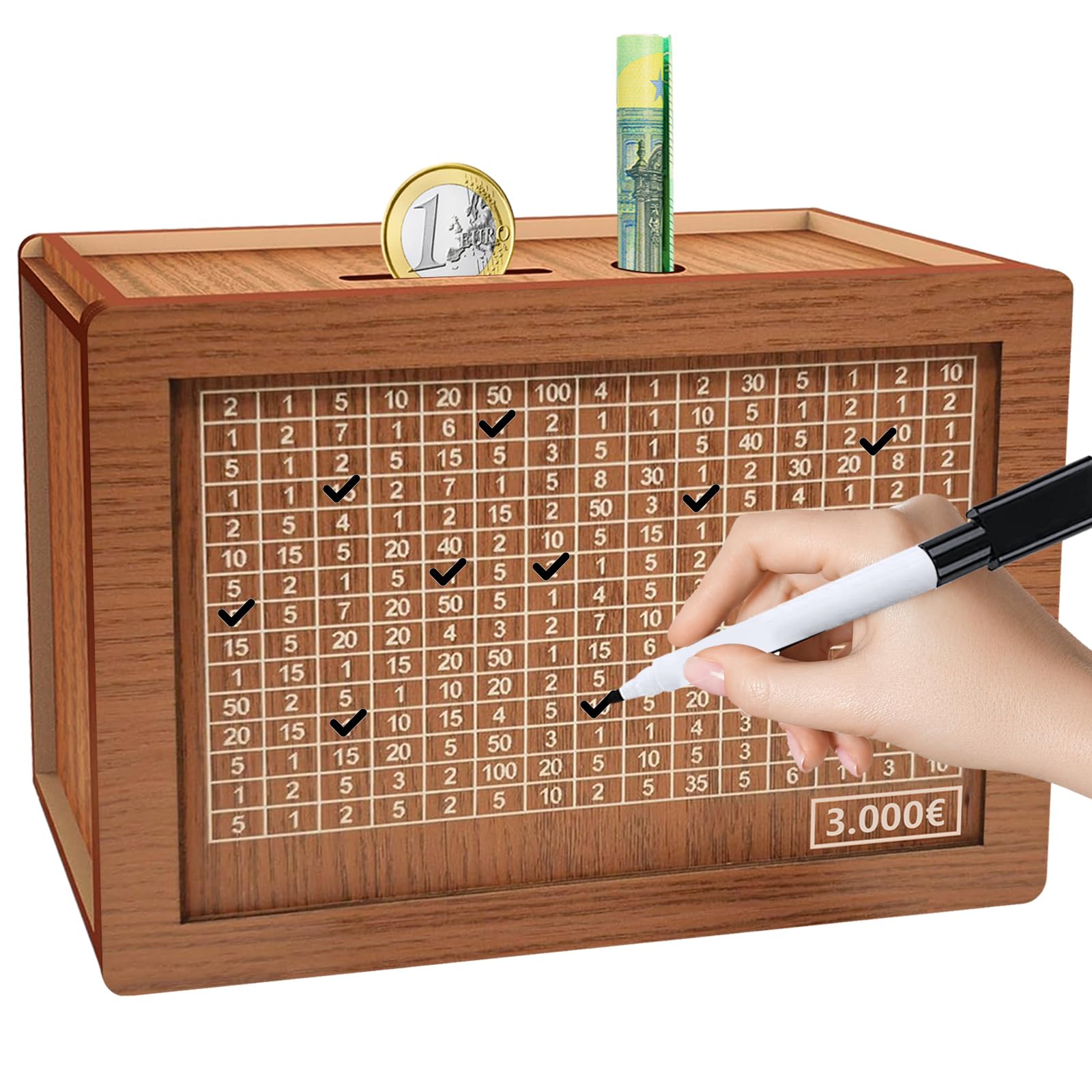 Atuoxing Money Box with Counter, Your Savings Box 3000/5000 Euro, Reusable Wooden Money Box with Numbers Crosses for Children Adults Goalsaver Box