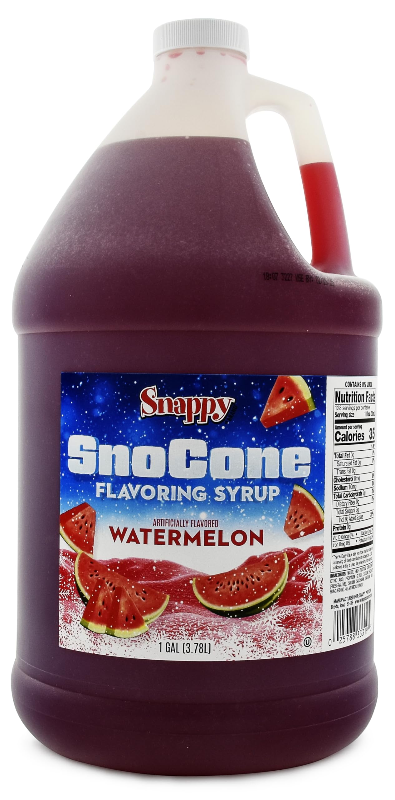 Snappy Watermelon Sno Cone Syrup, 1 Gallon (128 ounces) Size, Ready to Use For Snow Cone Machines, Flavored Syrup for Shaved Ice, 14 Snow Cone Flavor Options
