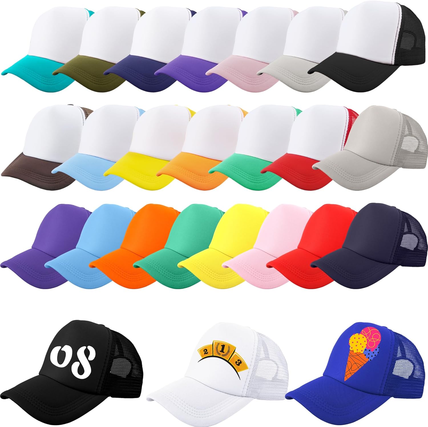 25 Pcs Kids Sublimation Trucker Caps Adjustable DIY Baseball Hat Multicolor Trucker Hat for Summer Group Activities