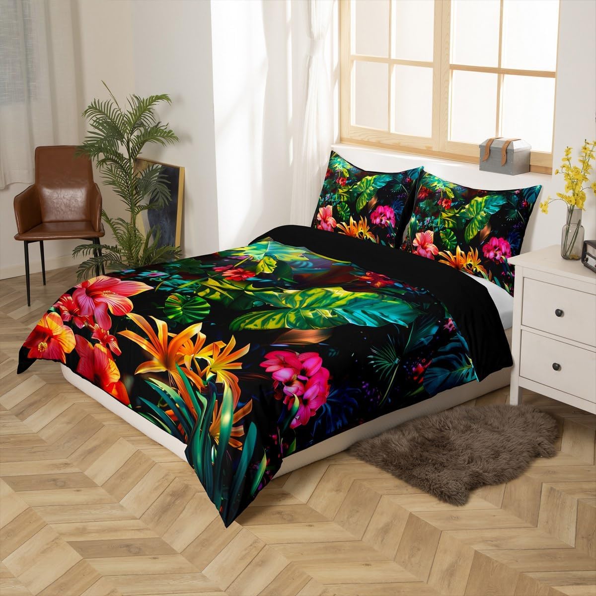 Erosebridal Tropical Plants Bedding Set Toddler Green Palm Leaves Comforter Cover Tropical Jungle Plants Duvet Cover Monstera Leaf Botanical Flowers Bedspread Cover for Kids Boys Girls