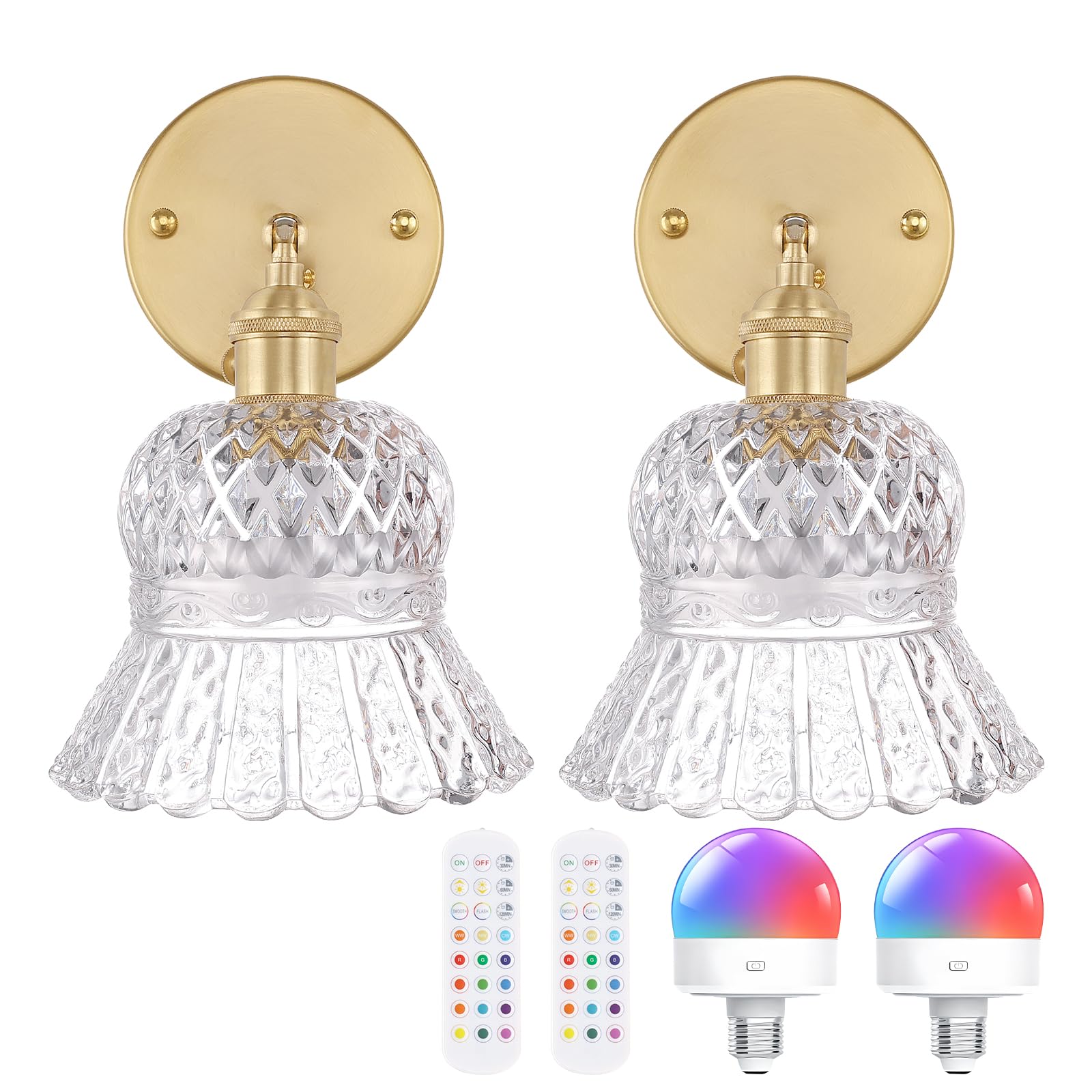 Shenmoyl Vintage Battery Operated Wall Sconces Set of Two, Rechargeable Battery Powered Wall Sconce with Remote Control, Wireless Dimmable LED Light for Bedside Bedroom Kitchen (Transparent Pineapple)