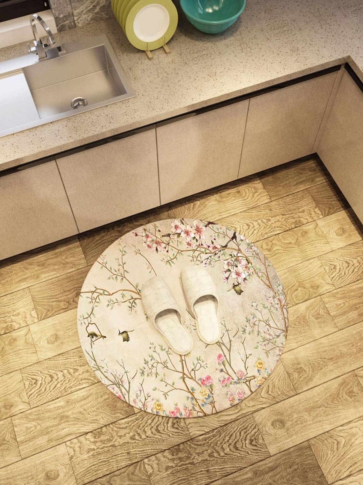 Kinderkamerkleed groot rond rond vloerkleed roze tak bloem vogelpatroon, ø 110CM Decoratieve Tapijt Tapijt Vloermat Yoga Mat voor Kamer Home Decor