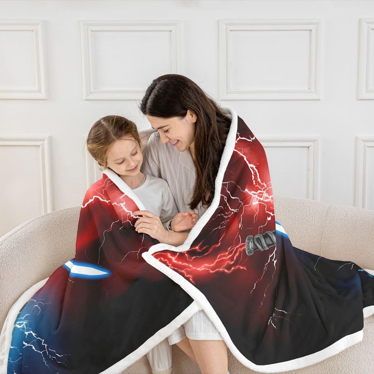 Feelyou Lightsaber Fleece Throw Blanket Twin 60"x80" Kids Red Blue Plush Blanket for Boys Teens Lightsaber Grommet Sherpa Blanket Future Technology Fuzzy Blanket Room Decor