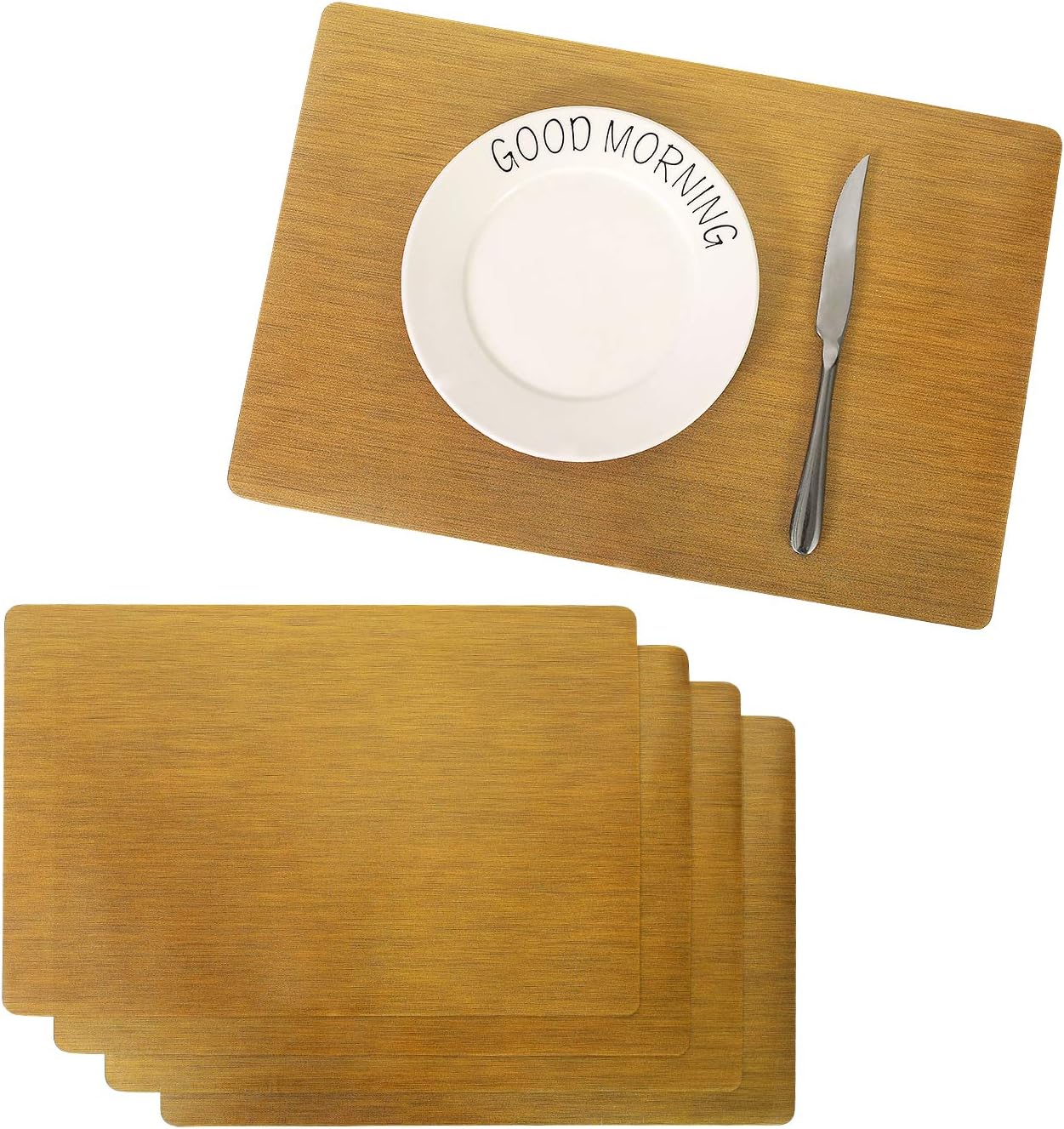 Raniaco Set of 6 Placemats, Black Non-slip Washable Heat Resistant Dining Table Mats Cross Weave Woven Table Placemats for Kitchen and Dining Room 45cmX30cm (Gold)