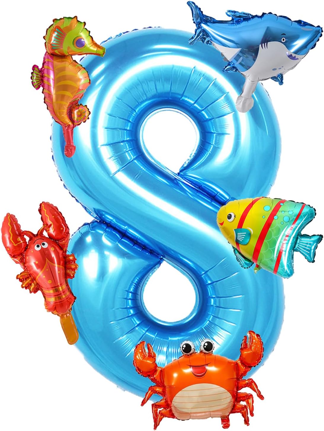Mini Ocean Animal Foil Balloons Set, 40 Inch Under the Sea Blue Number 8 Balloon Decorations, Animail Balloons for Boys Girls Sea Theme 8th Birthday Baby Shower Party Supplies