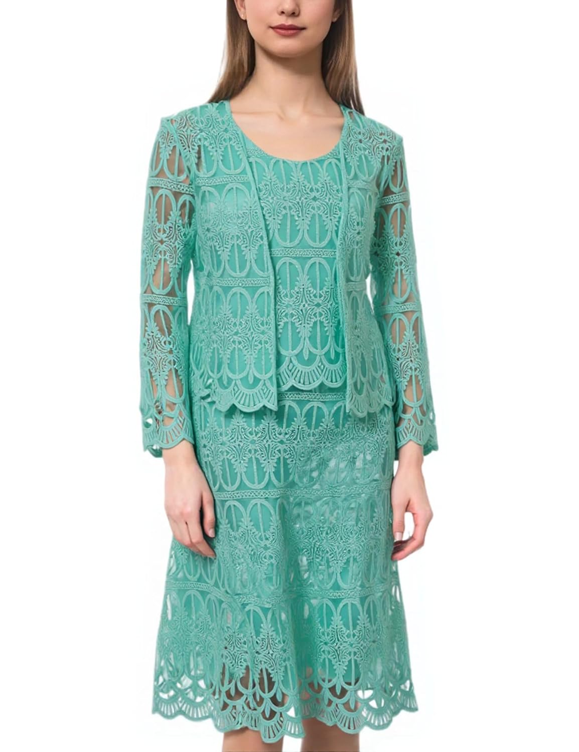 Womens 3 Piece Lace Church Suits Formal Occasion Dress Set with Jacket for Wedding Choir Special Events