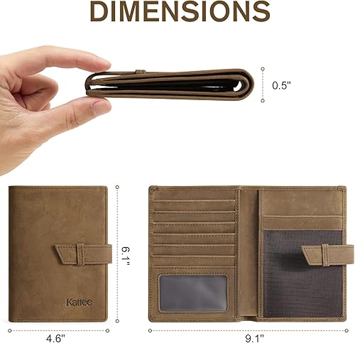 Vista 2 de Kattee Soporte para pasaporte de cuero genuino con bloqueo RFID, billetera de viaje plegable para hombres, Marrón, Vintage
