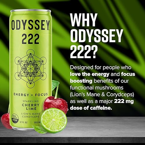 Miniatura 2 de Odyssey - Bebida energética 222, preentrenamiento, 222 mg de cafeína, bebidas energéticas limpias, L teanina, melena de león, cordyceps y té verde