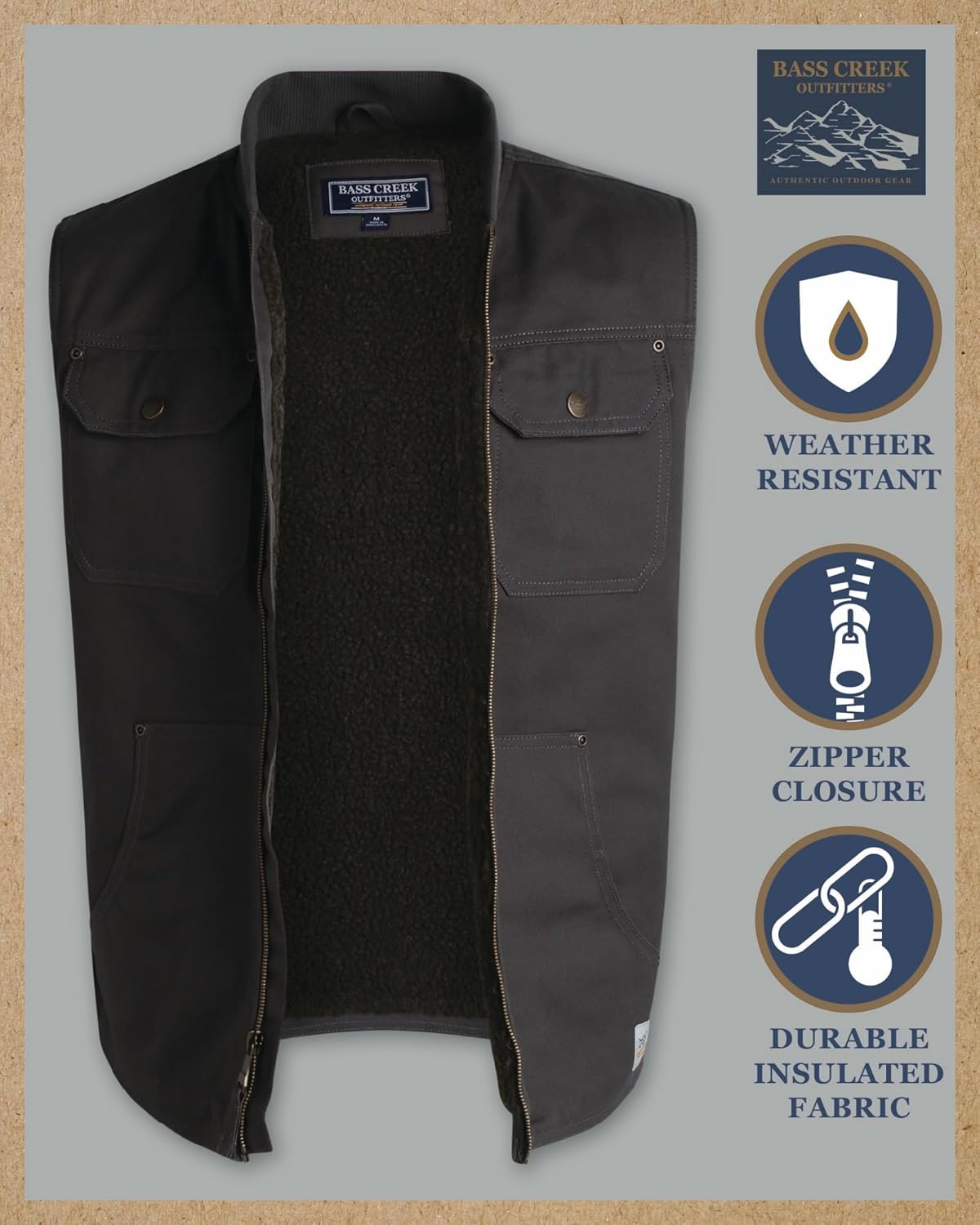 Bass Creek Outfitters Mens Duck Vest - Heavyweight Canvas Sherpa Lined Work Vest for Men - Insulated Mens Vests Outerwear - Image 3
