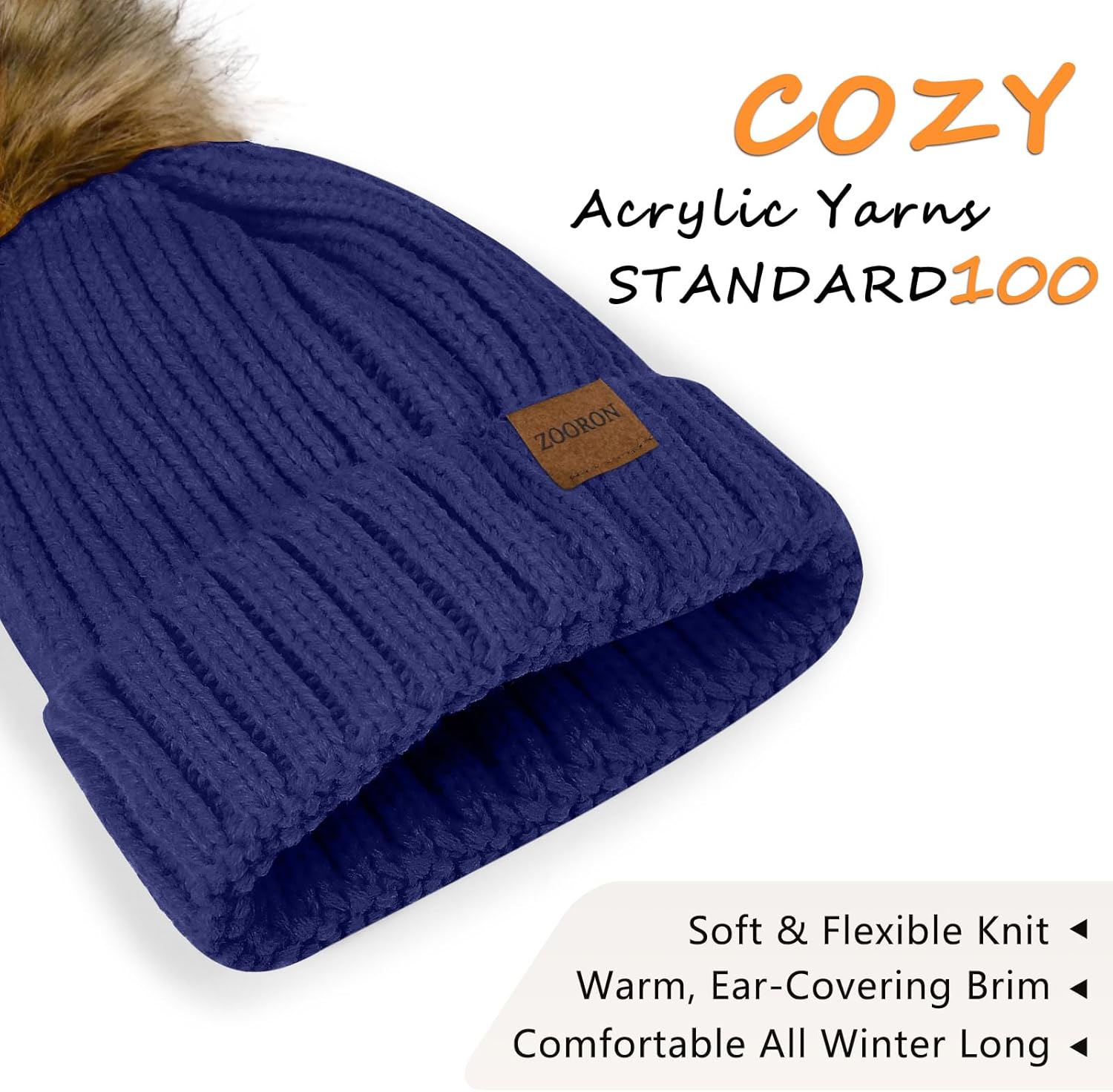 ZOORON Womens Winter Knitted Beanie Hat with Faux Fur Pom Beanie Warm Knit Skull Cap Beanie for Women - Image 4