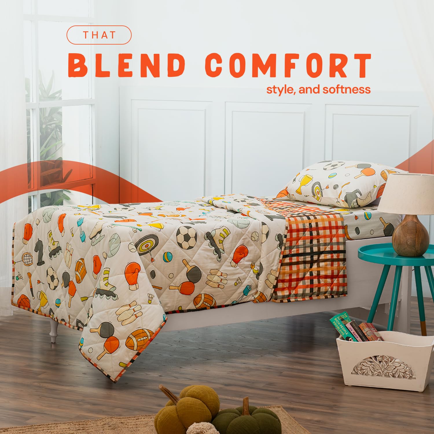 Playful Plunge Kids Cotton Bedding Set for Single Bed – Soft, Breathable, Reversible Quilted Blanket Included, Pillow Cover & Bedsheet, Nursery Essential 3
