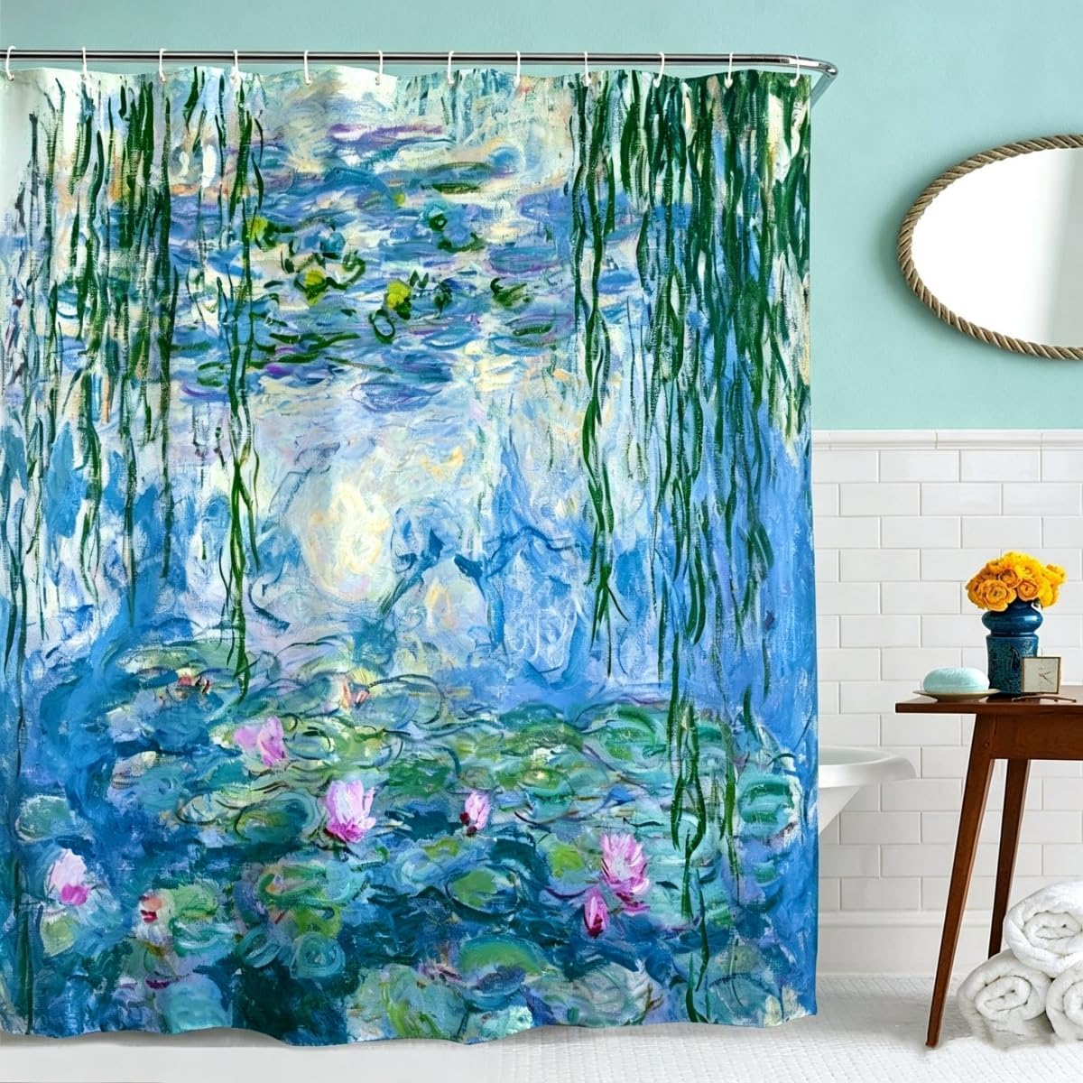 IcosaMro Monet Water Lilies Lotus Shower Curtain Watercolor Floral Decor