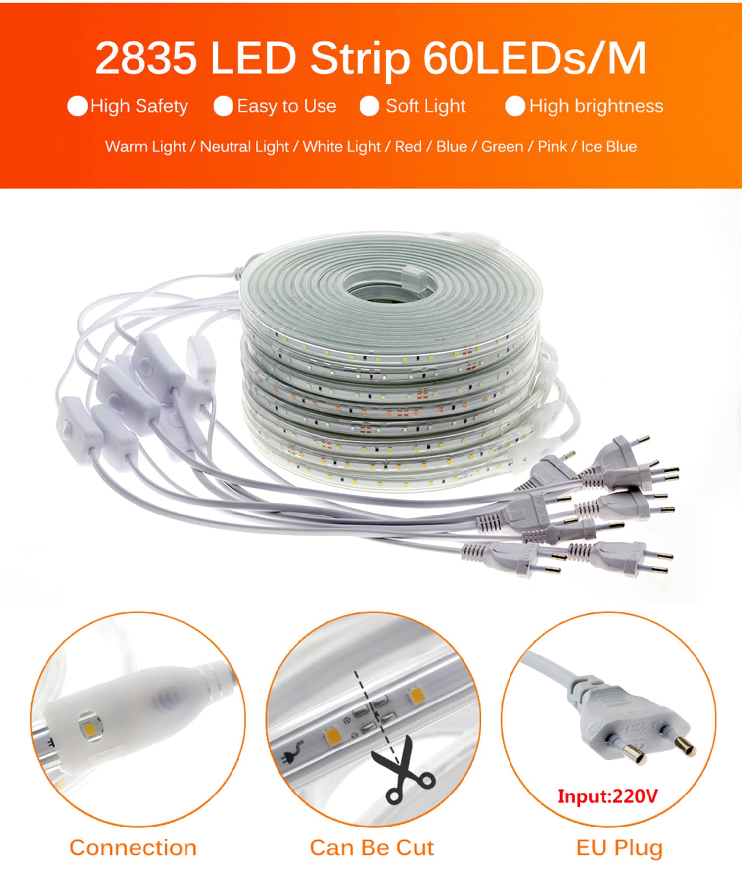 Taśma LED, wodoodporna taśma LED z przełącznikiem, lampka LED 220 V, 2835 120LEDs IP65 wodoodporna taśma (20m, zimna biel)