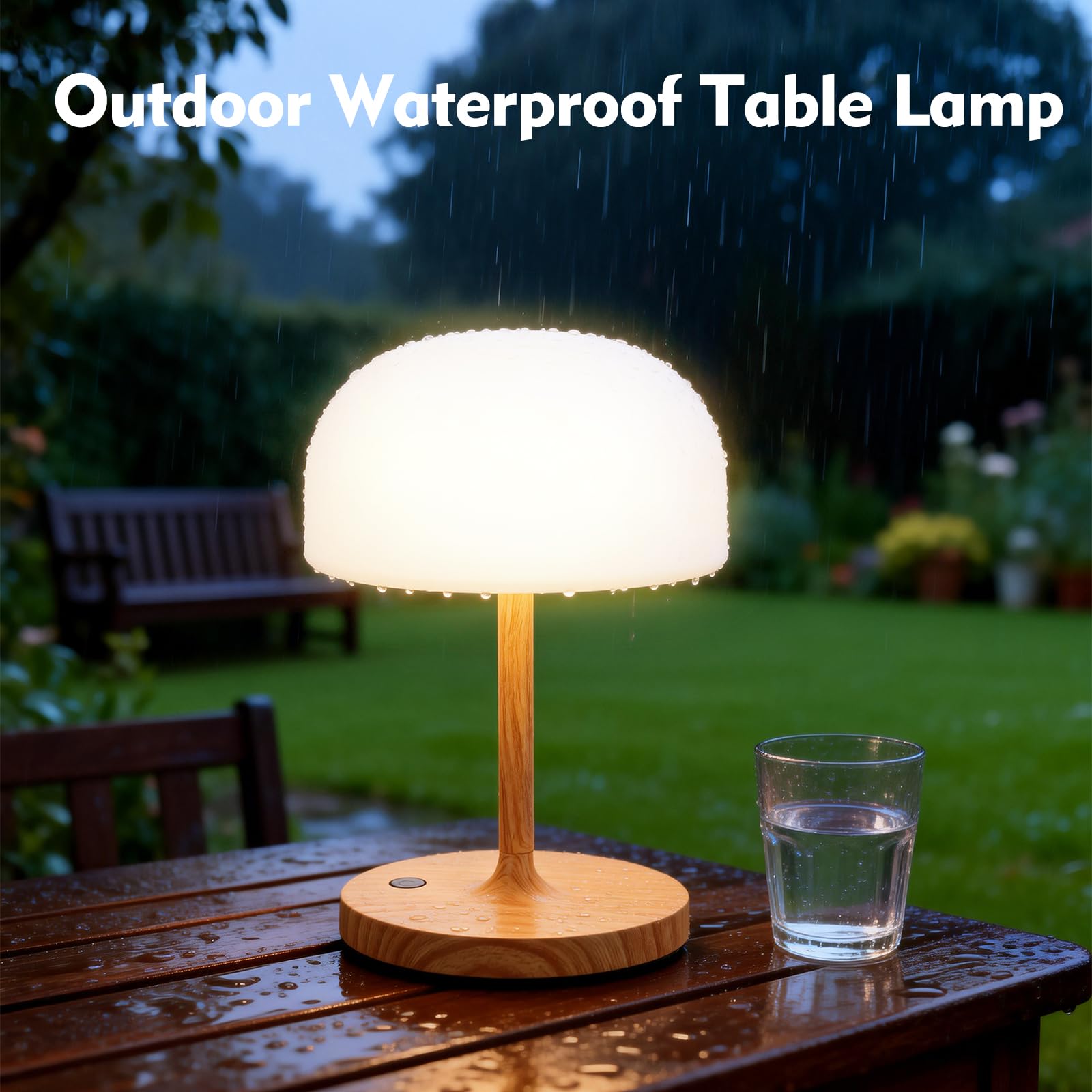 Lampara de Mesita de Noche, Lámpara de Mesa Sin Cable, Luz LED Recargable con Pantalla Redonda, Iluminación Táctil Para Uso en Interiores/Exteriores Baños y Salones - Acabado en Madera