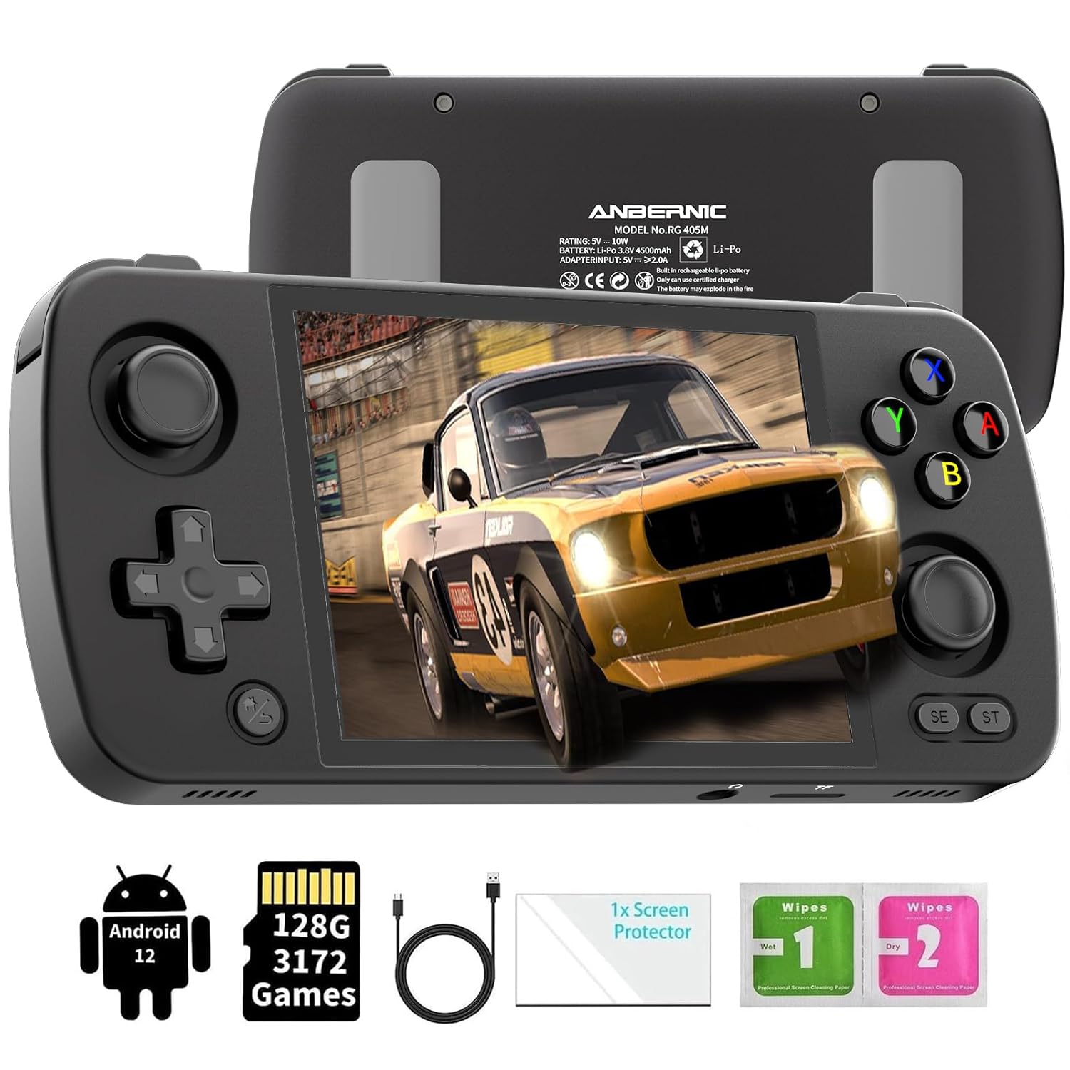 GiipGoop RG405M Portable Game Console Retro Handheld Game Console Aluminum Alloy CNC Android 12 System 4.0 Inch IPS Touch Screen with 128G TF Card 3172 Games, 5G WiFi and Bluetooth 5.0(Black), Medium