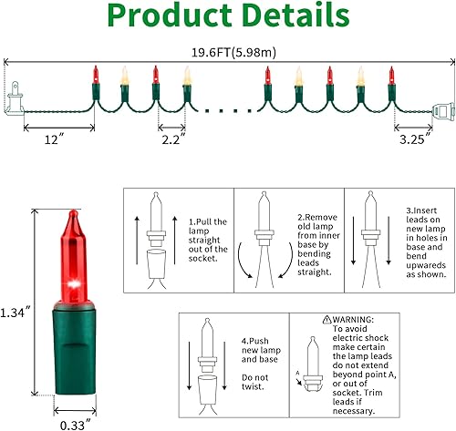 Miniatura 4 de LAMPHOME Guirnalda de luces de Navidad rojas extensibles superbrillantes, 100 luces, 19.6 pies, con certificación UL, mini bombillas para