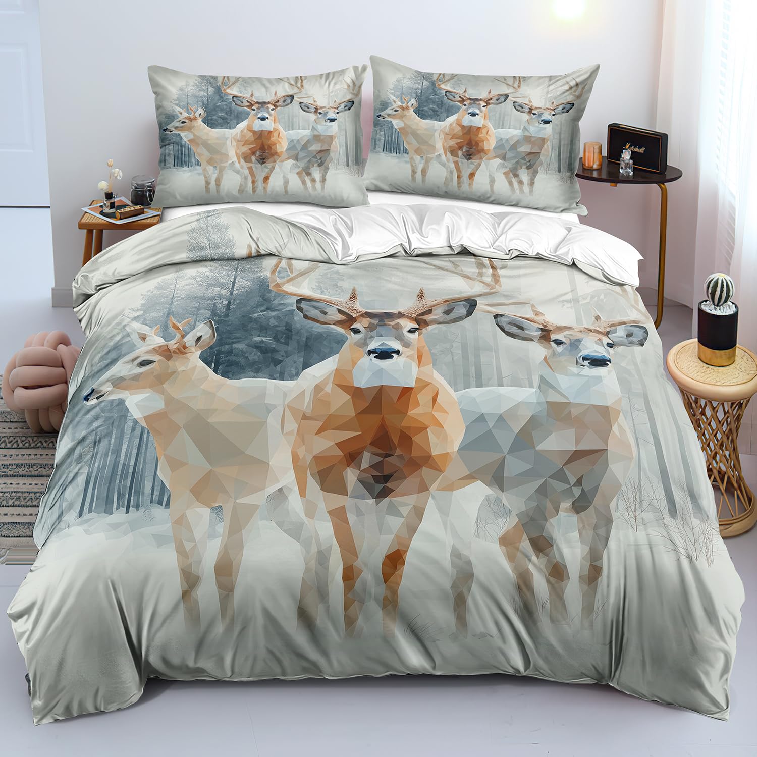 Housse de couette motif cerf 200x200 géométrique terracotta bleu-gris lit double
