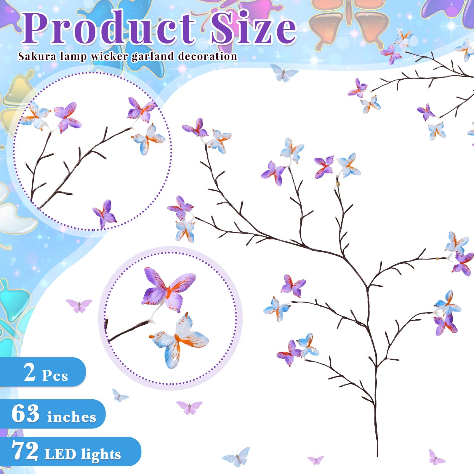 Glooglitter 2 set di luci a forma di farfalla in salice incantato, 1,5 m, 72 LED, decorazioni natalizie, ramo di albero a farfalla, luci regalo per parete, camera da letto, camino, casa, finestra