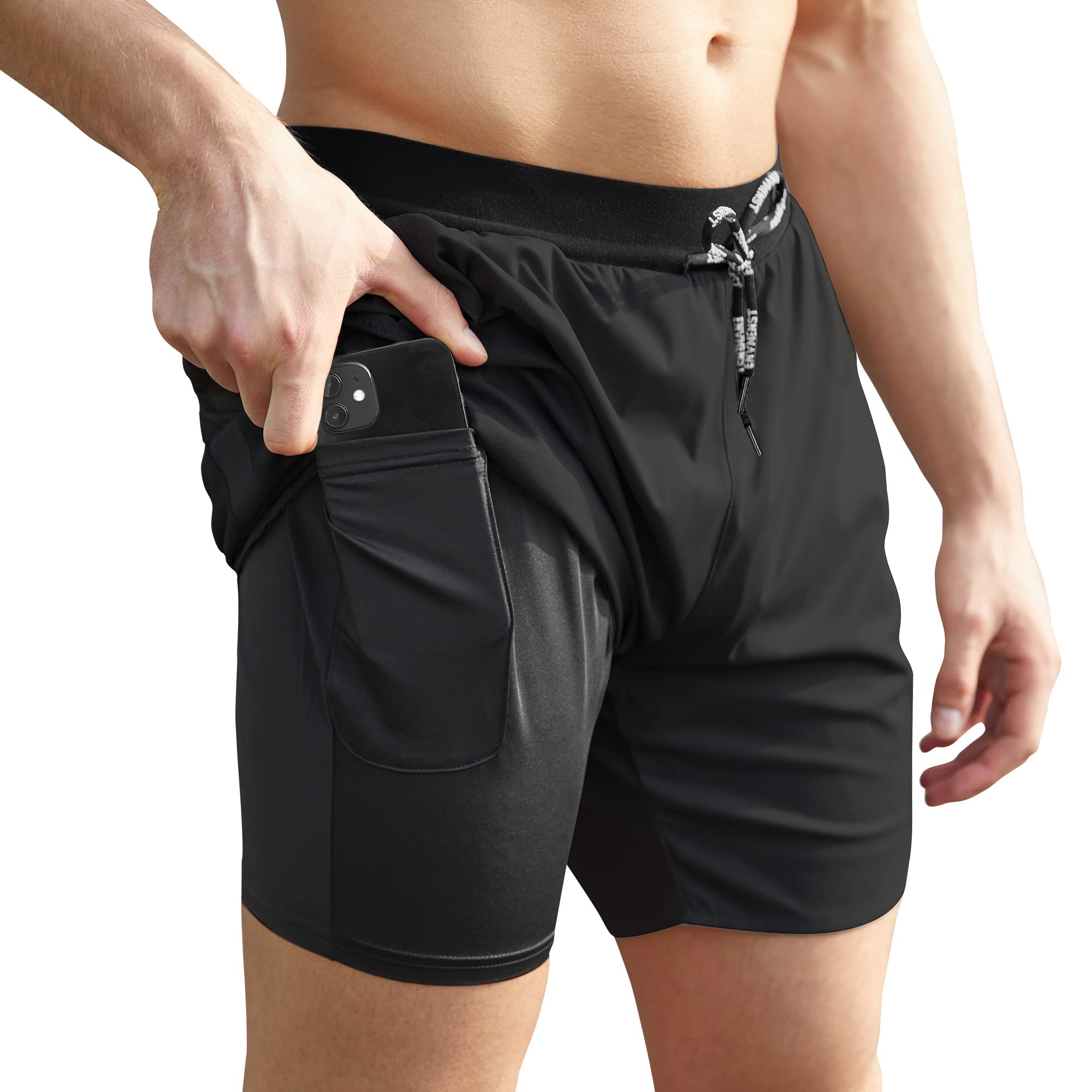 ENVMENST Mens 2 in 1 Workout Running Shorts with Liner Athletic Gym Shorts with Pockets HS Black