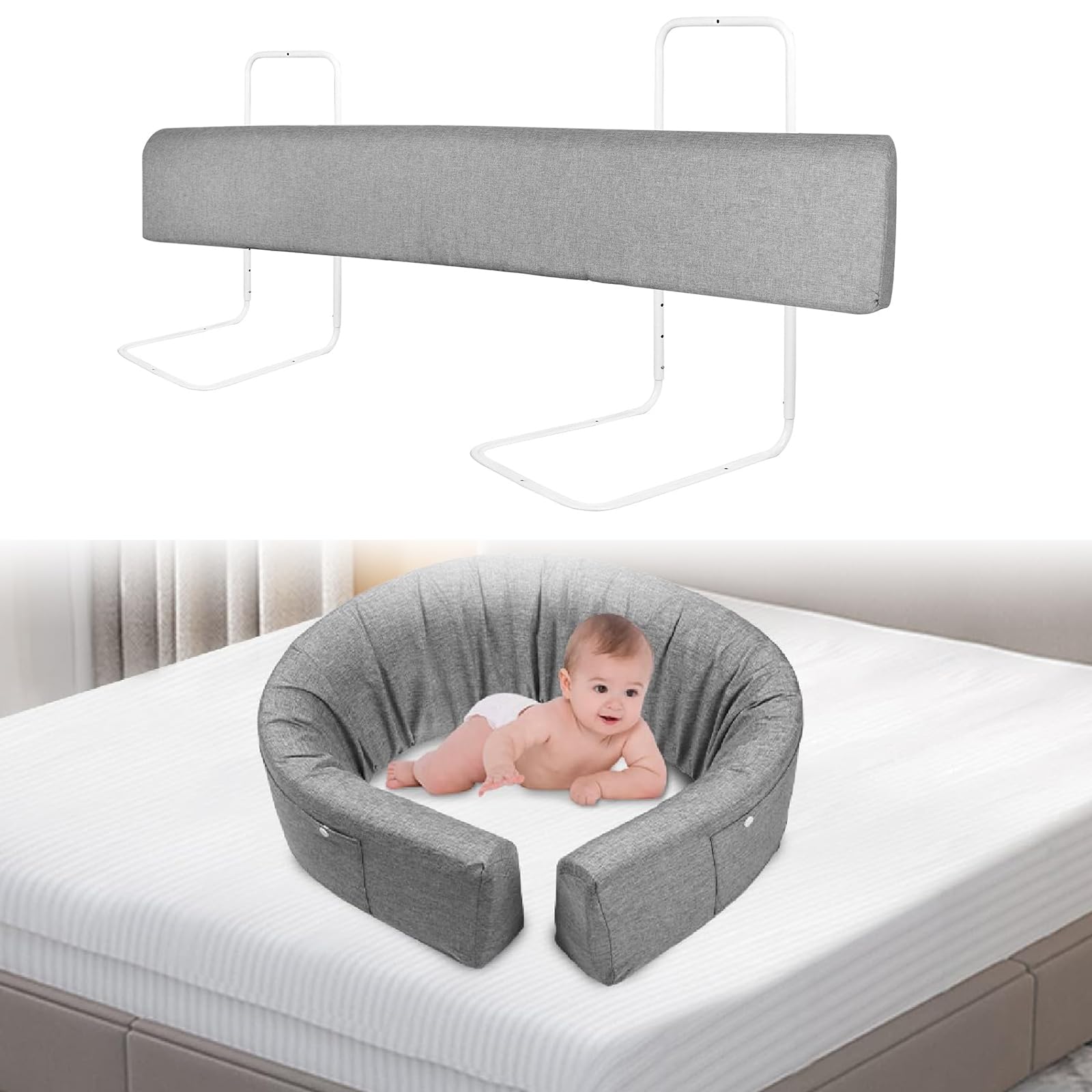 ACXIN Barrera de cama para bebé, deformable, protección anticaídas, altura ajustable, para cama familiar y cuna (180 cm, color gris lino)