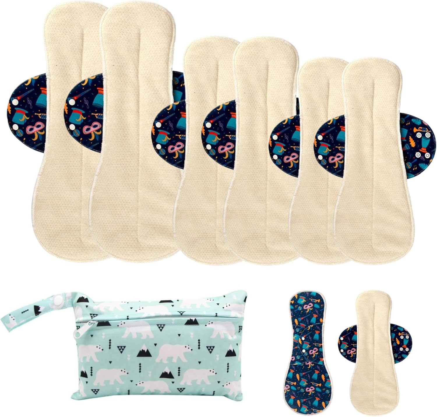 Reusable Sanitary Pads for Women Feminine Pads for Women Cotton Washable Cloth Menstrual Pads 8 pcs Set with 1 Wet Bag