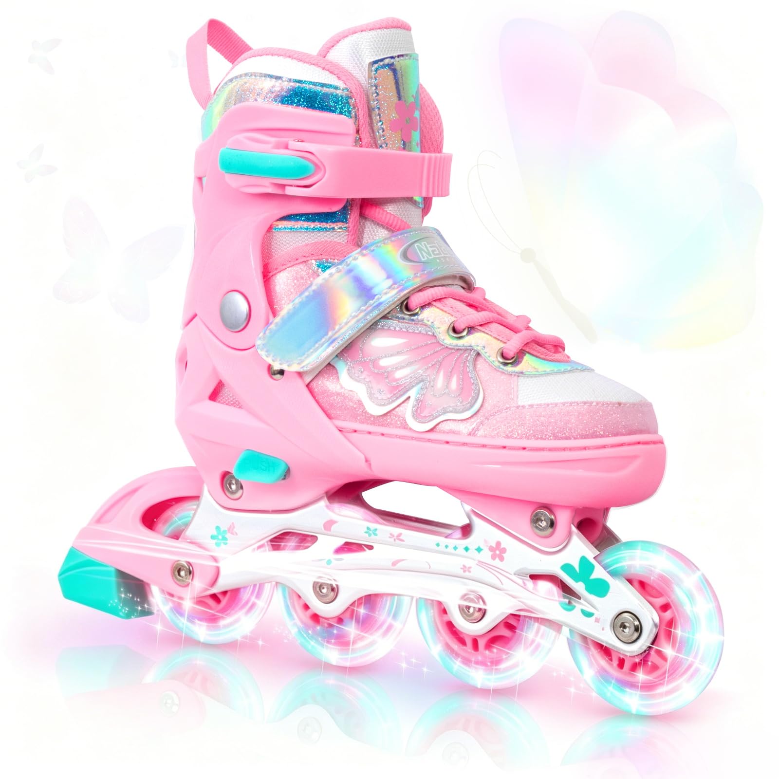Nattork Patins à roues alignées pour filles et garçons – Lames rose cyan pour enfants de 8, 9, 10, 11 ans – Toutes roues lumineuses réglables pour sports d'intérieur et d'extérieur, cadeau