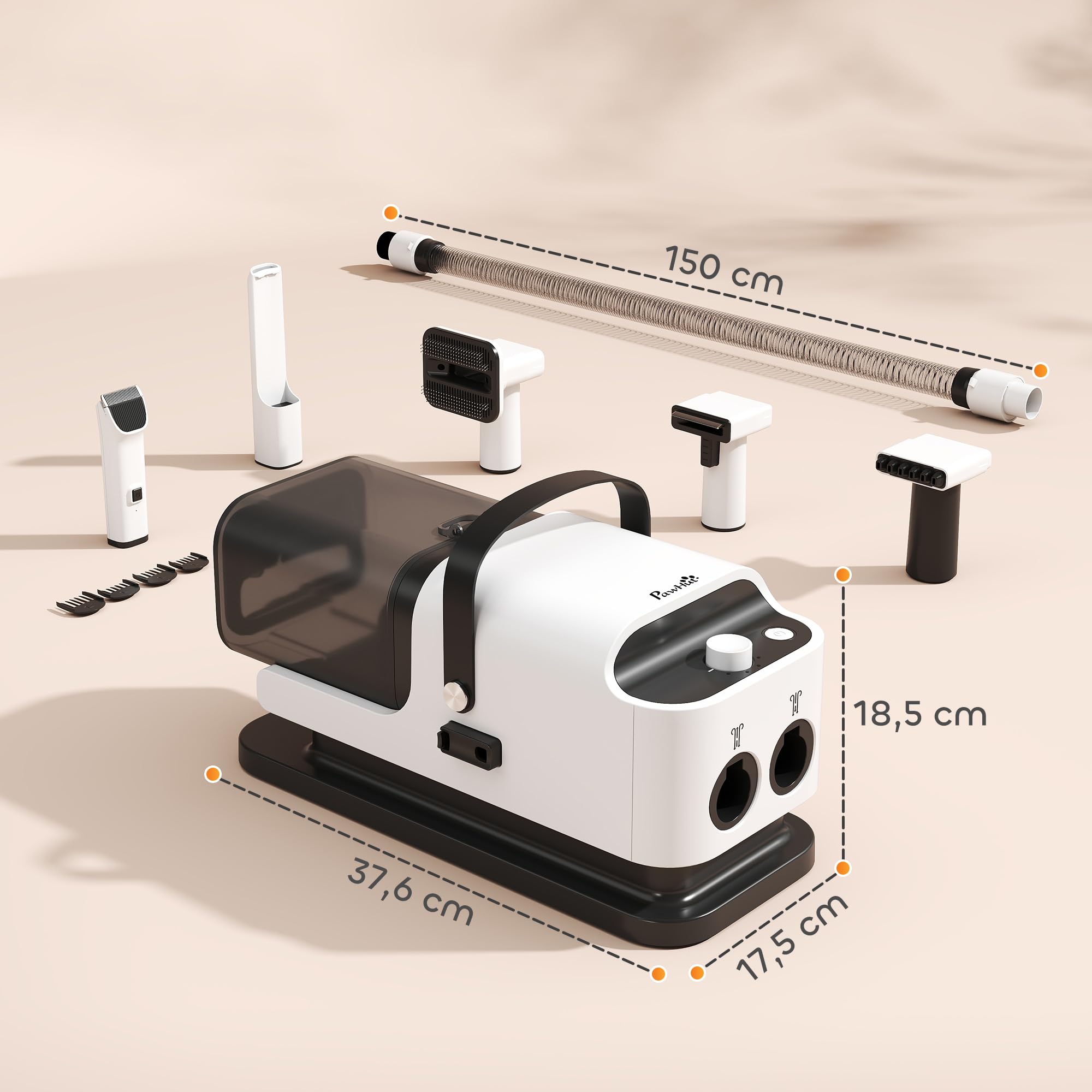 PawHut Aspirateur Poil de Chien et Séchoir 5-en-1, Kit Toilettage Chien Professionnel 12kPa - Tondeuse Chien Silencieuse 50dB avec Température Réglable et Réservoir 1,8L pour Animaux, Blanc