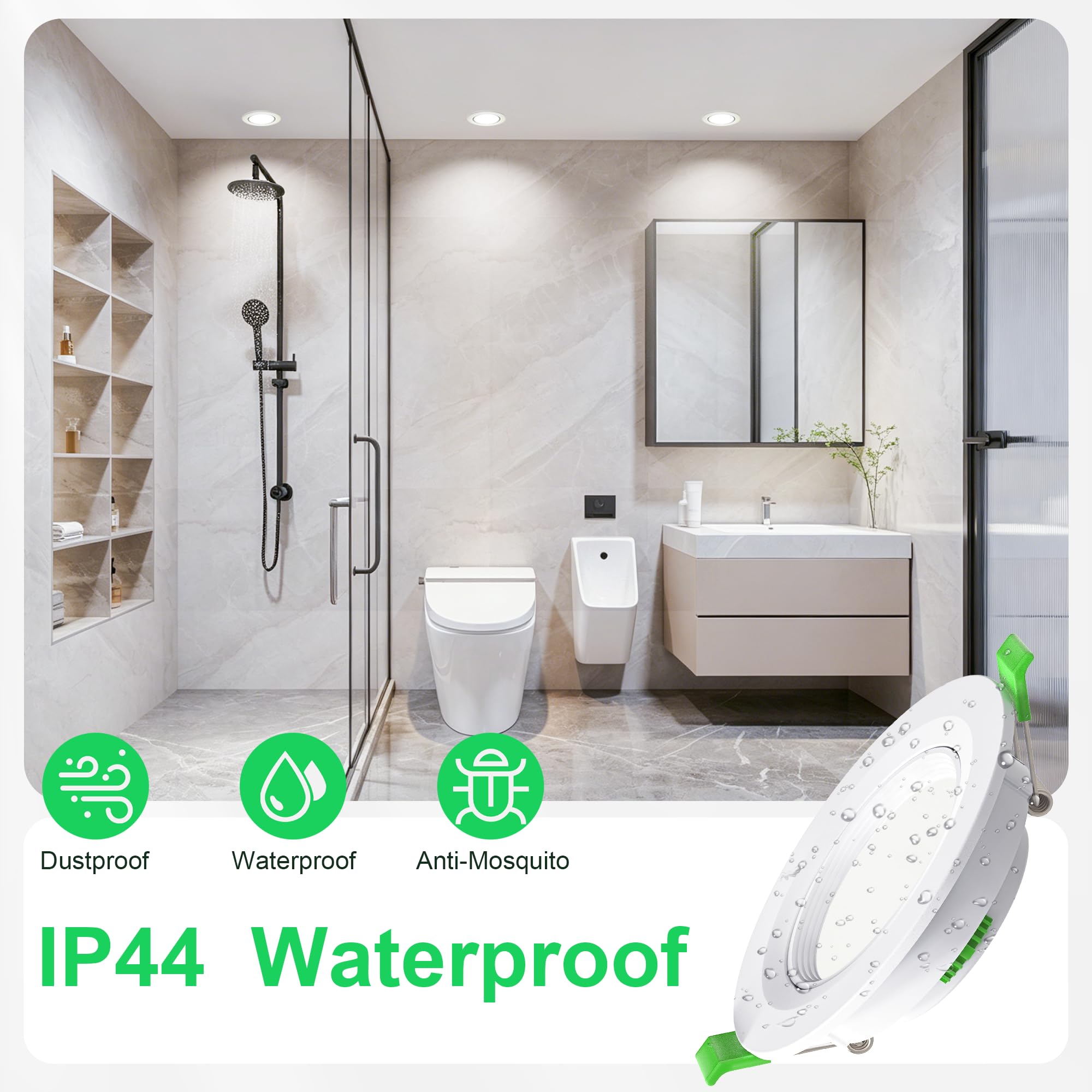 10 Faretti LED da Incasso per Cartongesso, Foro Ø68-80 mm, Orientabili 45°, Faretti LED Ultrasottili da 23 mm, 5W, 3 CCT 2700K/4000K/6000K, IP44 per Bagno e Cucina, 230V, Bianco