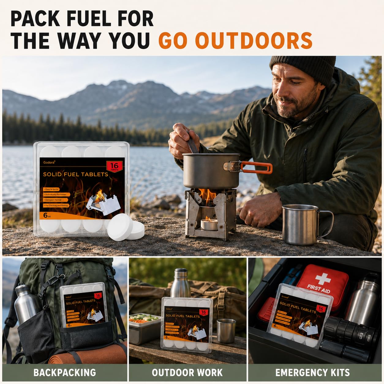 Lot de 16 tablettes de combustible solide, puissant (1 300 degrés), facile à allumer, étanche pour randonnée, extérieur, camping et