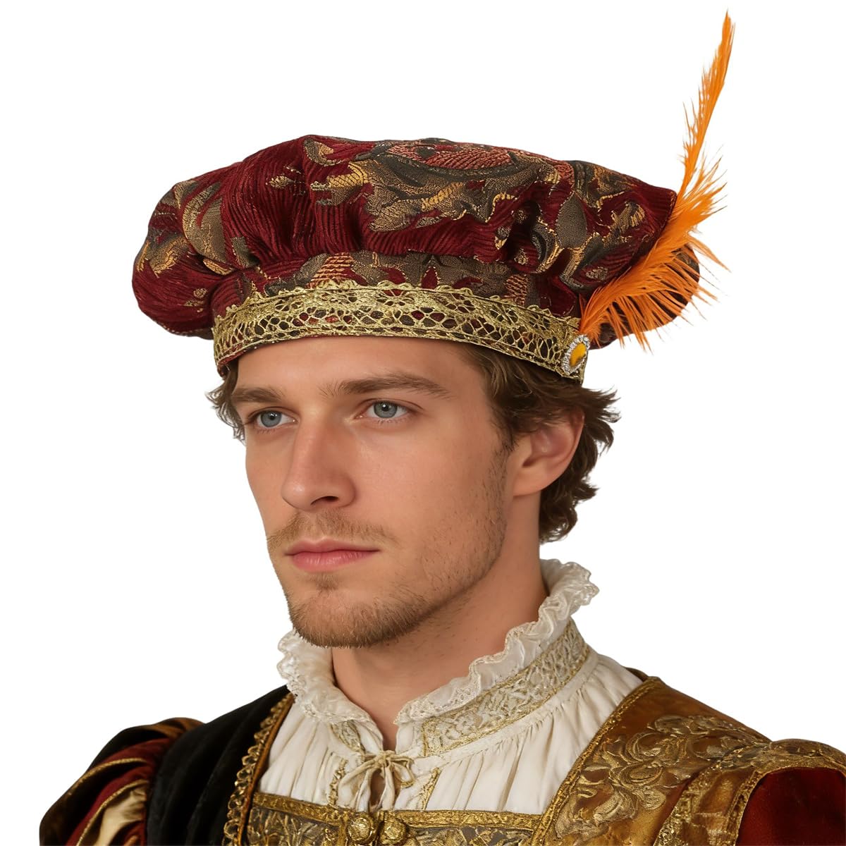 BPURB Men Medieval Tudor Hat with Feather Muffin Top Hat Renaissance Tudor Flat Cap Halloween Carnival Cosplay Costume — image 1