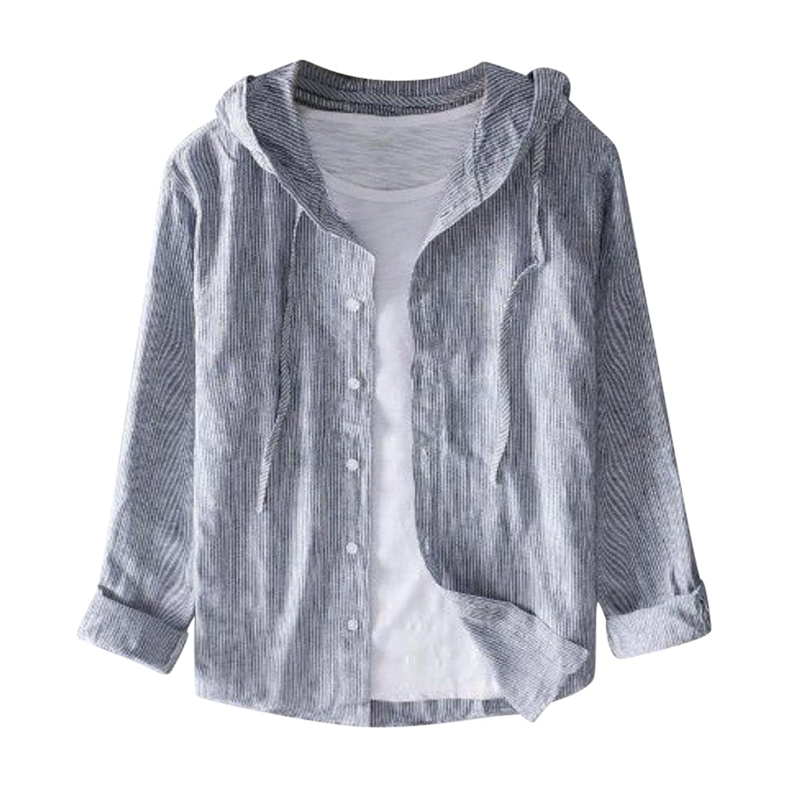 Mens Long Sleeve Hooded Shirts Casual Button Down Cotton Linen Hoodies Shirt Comfy Breathable Wedding Beach Tops Cotton Solid Regular Fit Summer Cardigan Lightweight Plain Business Work T-Shirt