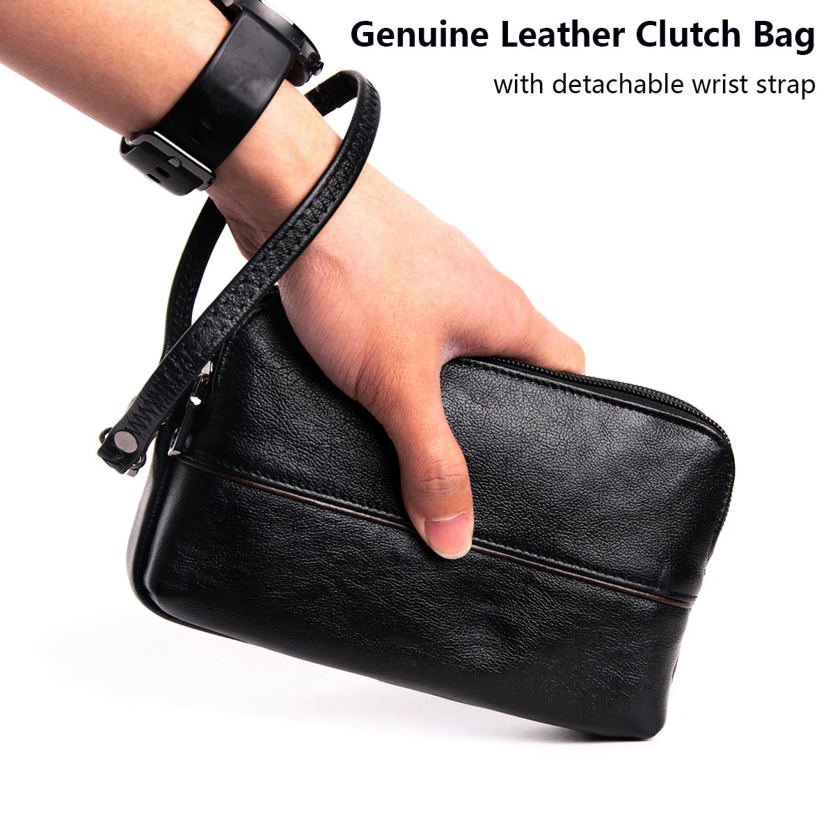 Herren Echtleder Clutch Tasche Gürtelholster mit Handgelenkschlaufe & Gürtelschlaufe, Kleine Casual Handy Handtasche Geldbörse, Multifunktionale Leder Gürteltasche für Business Reisen Camping Black