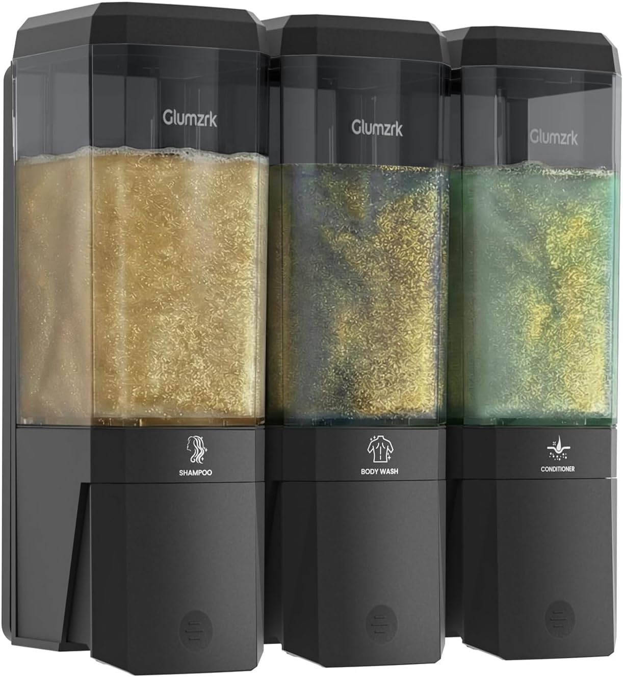 Shampoo and Conditioner Dispenser 3 Chamber 17oz No Drill Shower Soap Dispenser Wall Mounted Shampoo Conditioner Body Wash Refillable Bathroom Shower Dispenser (Black+Smoke Gray 3 Chamber)