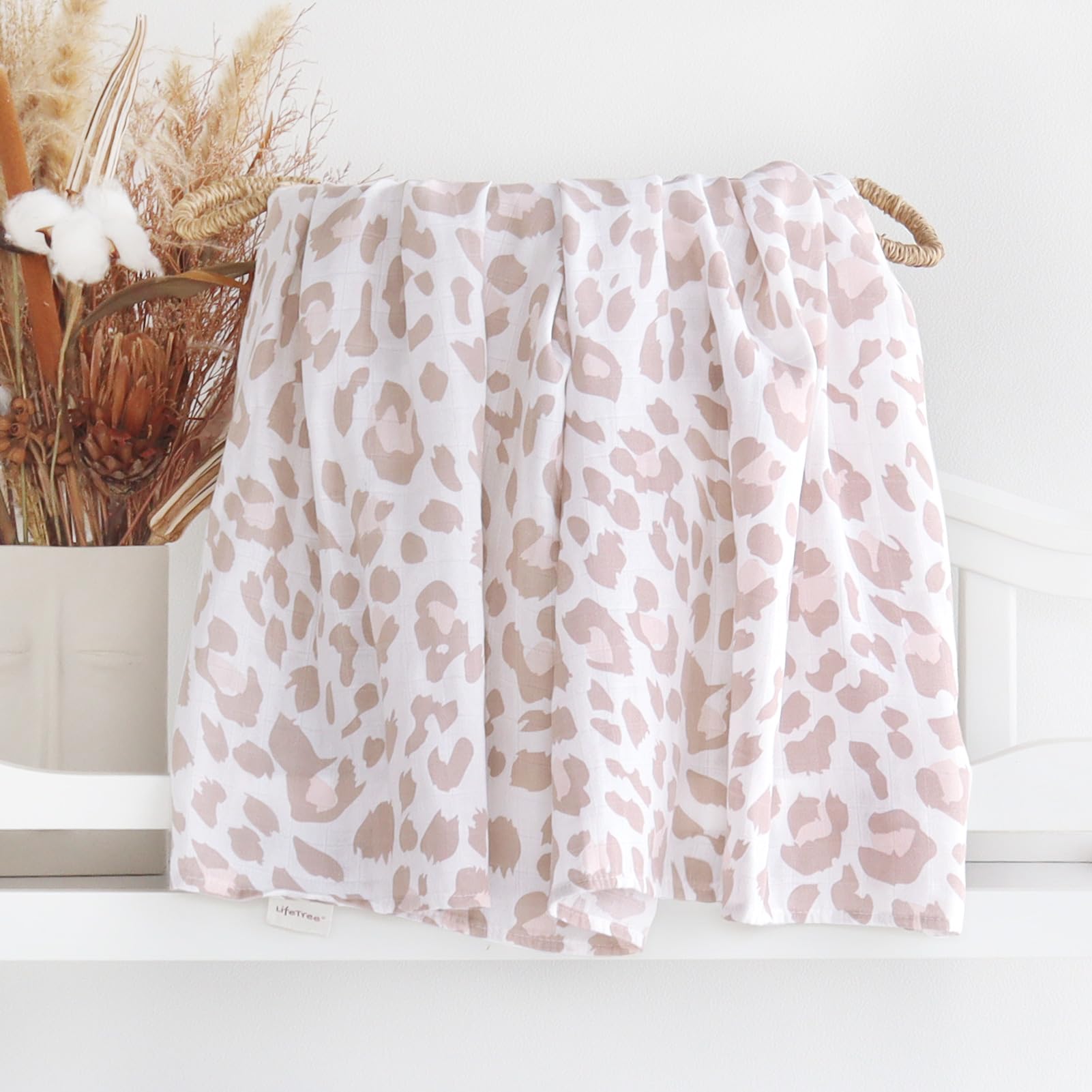 CAIKEZI LifeTree - Coperta in mussola per neonati, con fascia e fiocco, stampa leopardata, per bambini