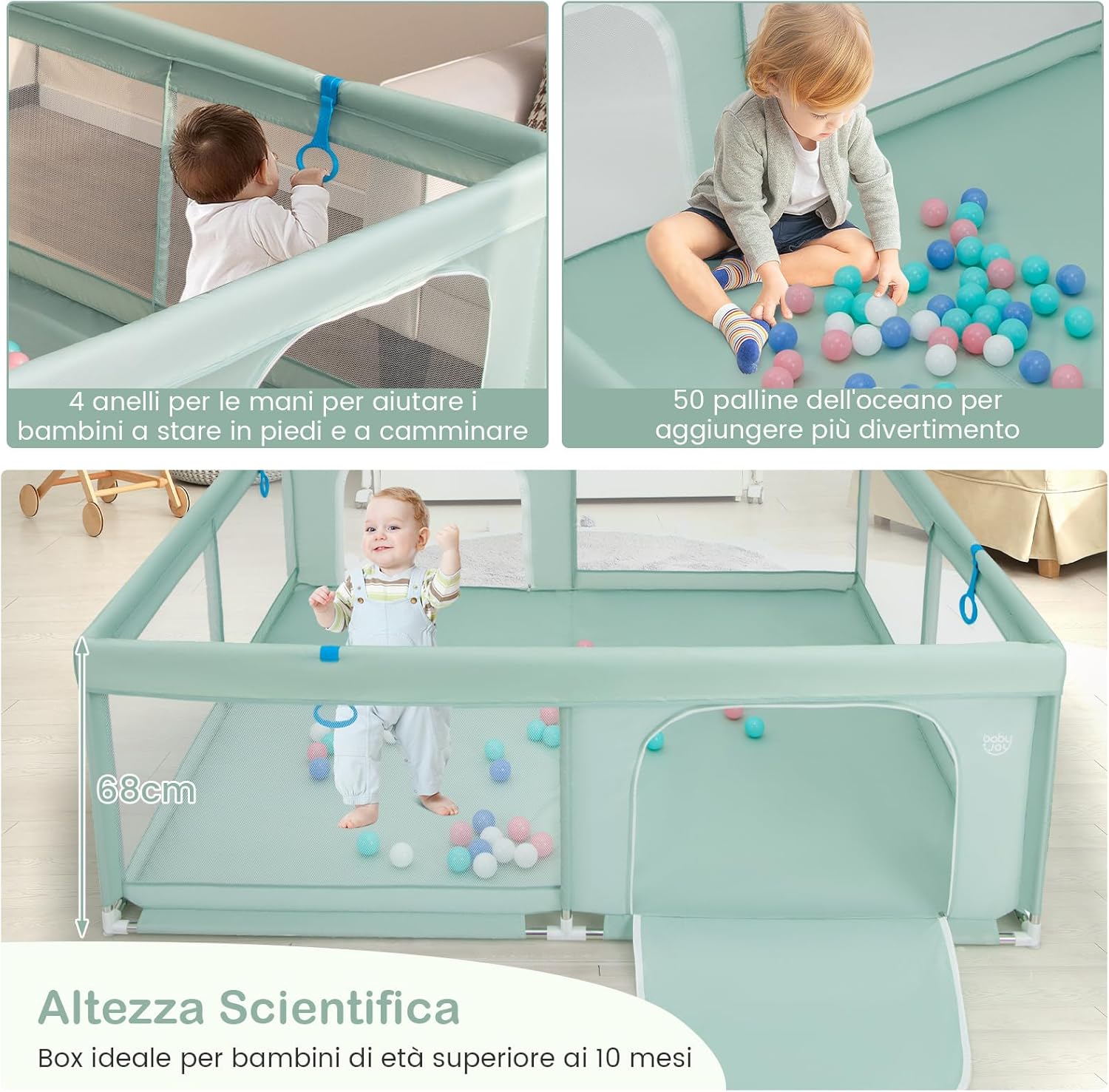 Baby using playpen rings to stand, with play balls inside, highlighting the 68cm height