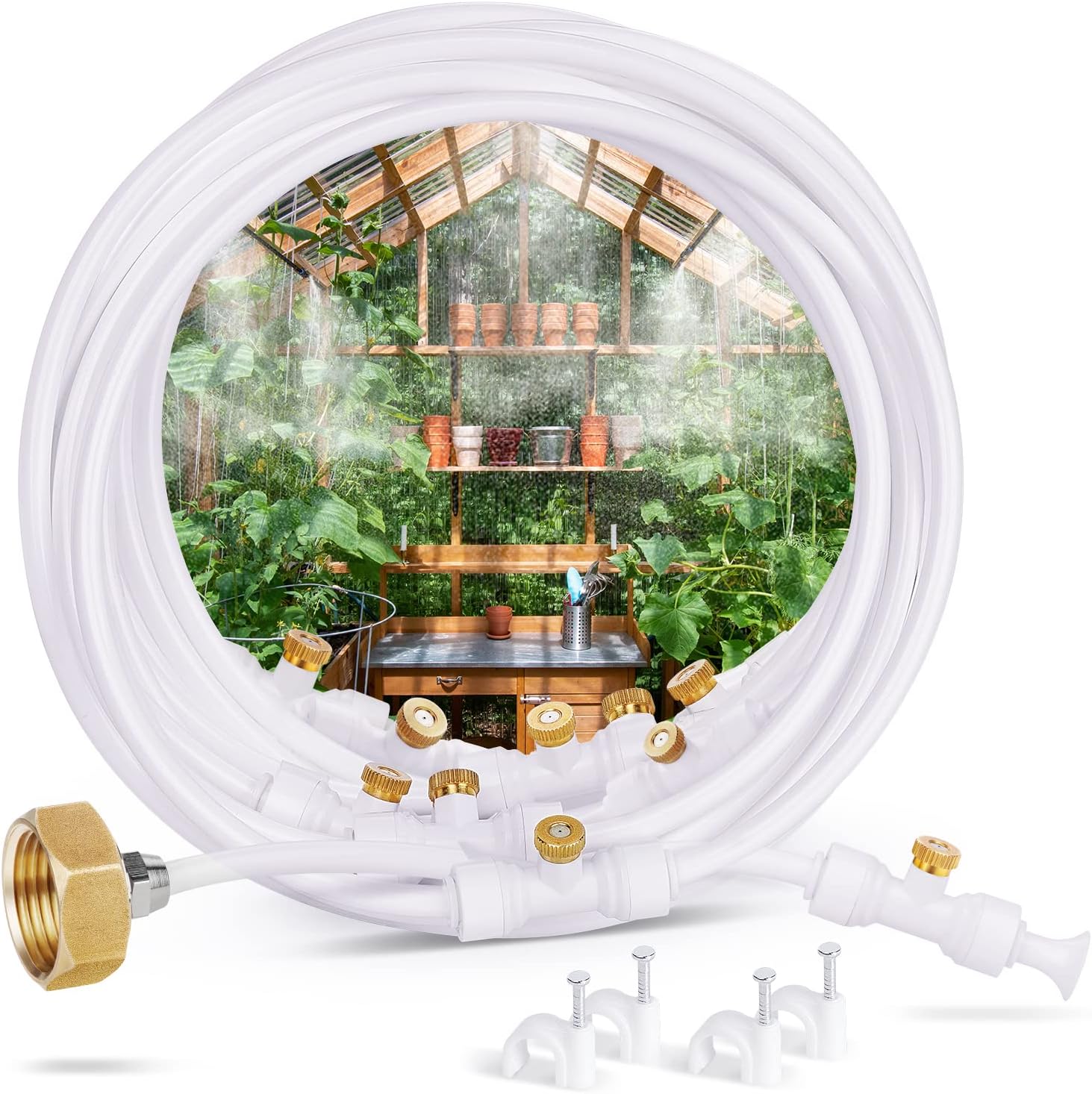 Misting Cooling System, 59FT (18M) Misting Line + 16 Brass Mist Nozzles + Brass Adapter(3/4") Misters for Outside Patio Cooling Garden Greenhouse Watering