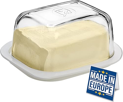 Crystalia Mantequillera con tapa, grande de plástico con cubierta de vidrio, bonito soporte para barra de mantequilla europea, bandeja de