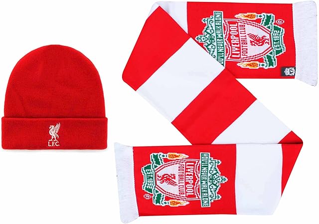GIFTS 4 ALL Official Liverpool Football Winter Warmers Hat & Bar Scarf Set (100% Acrylic), Liverpool Fans Scarf, Liverpool Winter Woolly Hat, Liverpool Football Crest Scarf