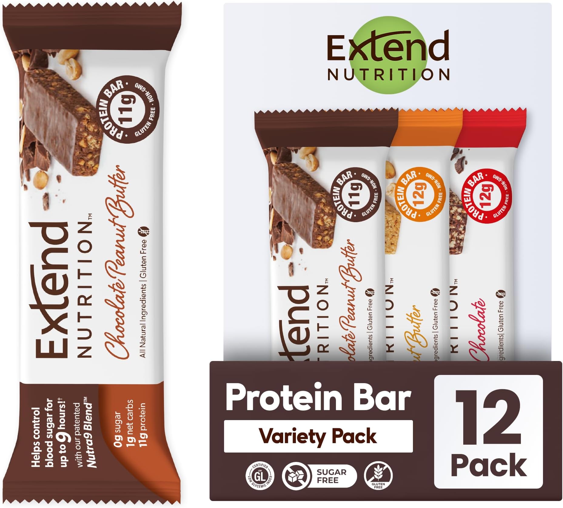 Extend Sugar Free Protein Bars, Perfect Diabetic Snacks, High Protein and Fiber, Hunger Control & Steady Energy, Low Carb, Keto Friendly (12 Count, Variety Pack)