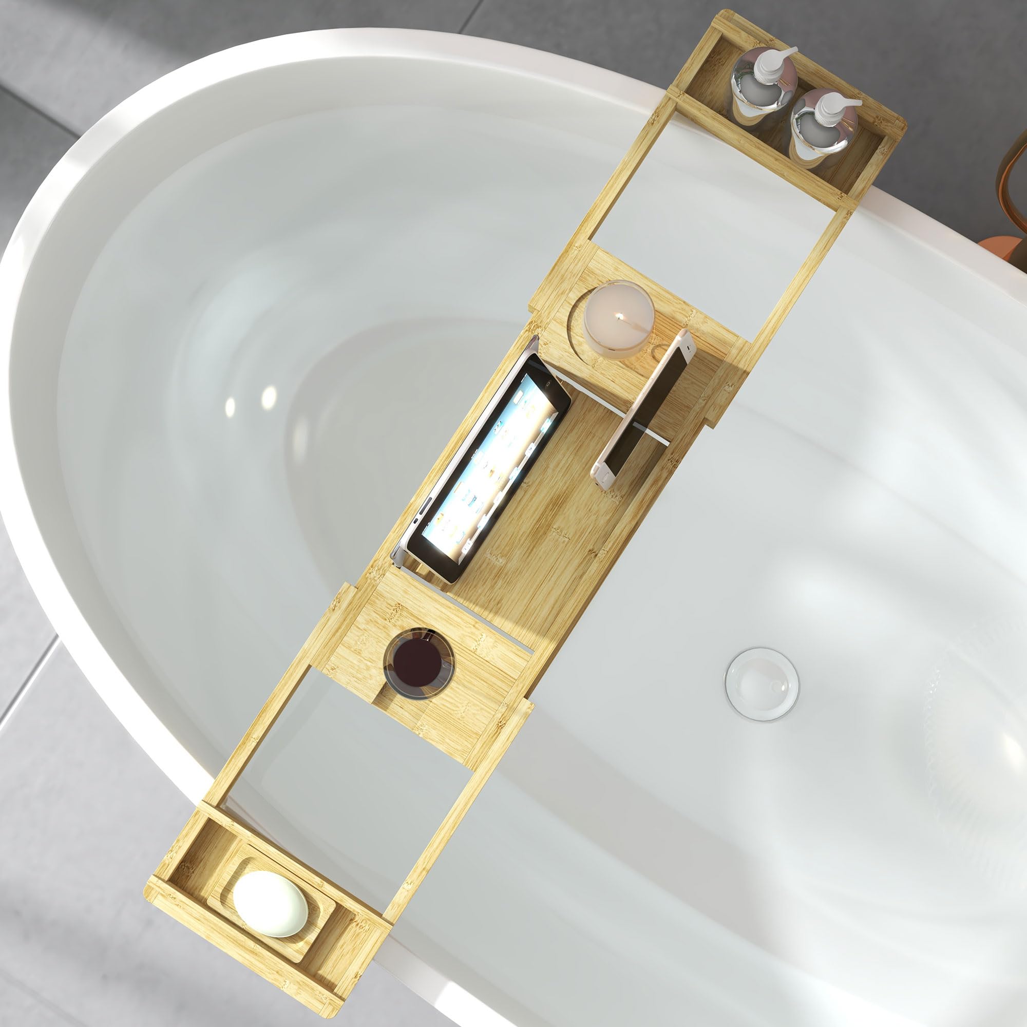 HOMCOM Pont étagère Plateau de Baignoire Extensible en Bambou avec Support gobelet et Porte-Savon, Tablette 75-109 x 23 x 4,5 cm Effet Bois Naturel