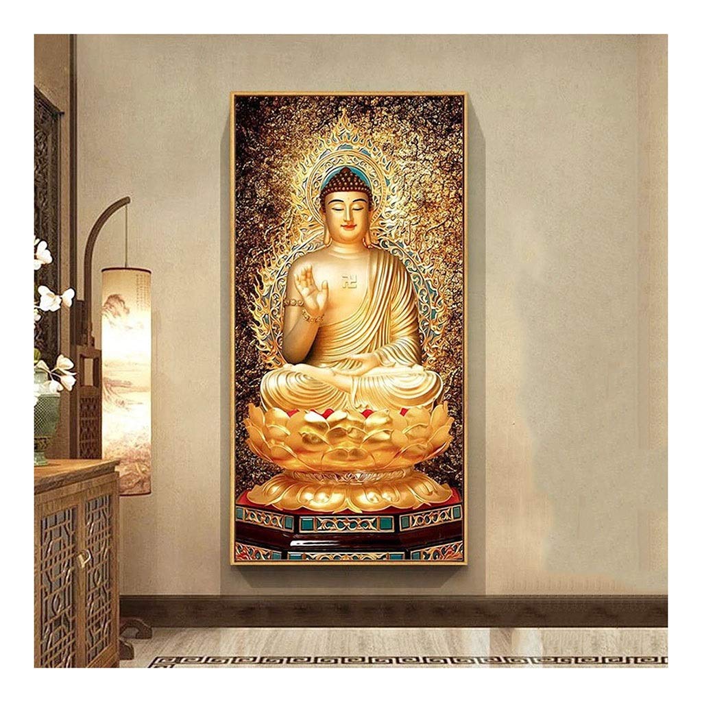 WGD Bihua Sakyamuni Buddhist Buddha Statue Diamond Painting, Chinese Golden Sitting Buddha Full Rhinestone Cross Stitch, DIY Round Diamond Embroidery (Size : 70X130 Full Diamond)