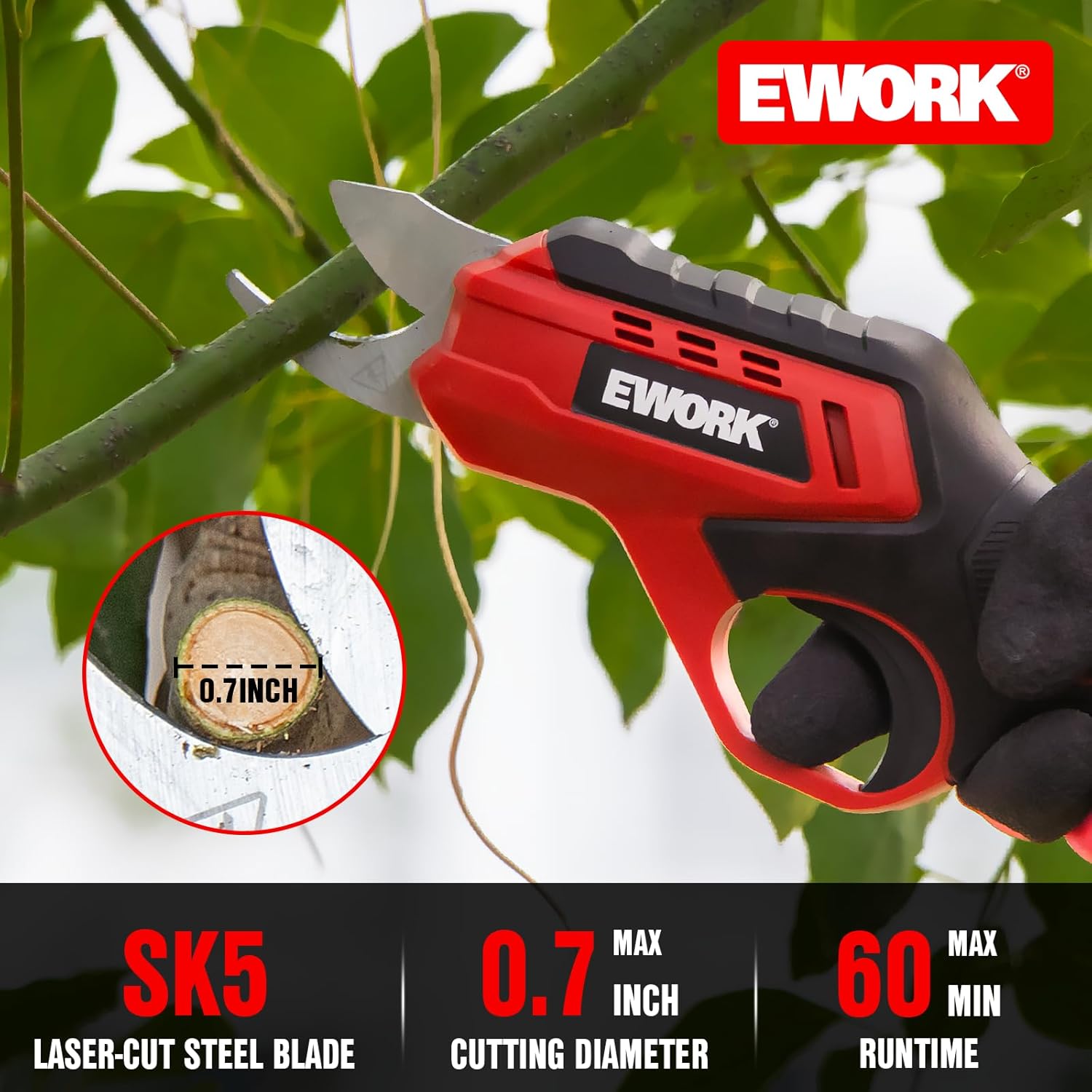 EWORK Cordless Electric Pruning Shears 4.2V Rechargeable 4000mAh Battery, 0.7 Inch Cutting Diameter, 2 SK5 Blades Tool-Free Replacement, Handheld Pruner for Garden Tree Branch Trimming
